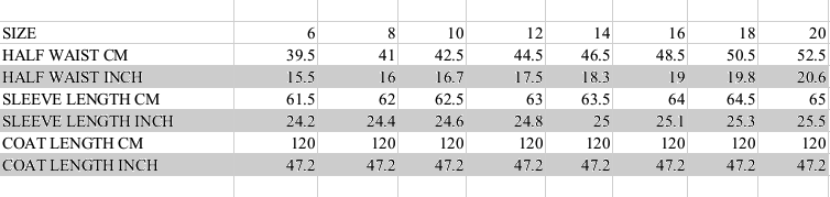 ARTHINGTON COAT SIZE GUIDE